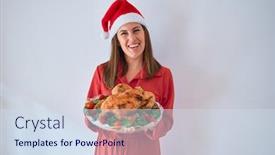  Presentation with thanksgiving - Beautiful presentation design featuring young beautiful woman smiling proud holding thanksgiving turkey chicken on a tray wearing santa claus hat backdrop and a sky blue colored foreground