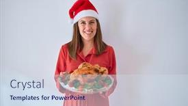  Presentation with beef pork chicken turkey - Presentation consisting of young beautiful woman smiling proud holding thanksgiving turkey chicken on a tray wearing santa claus hat background and a sky blue colored foreground