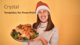  Presentation with thanksgiving - Cool new PPT theme with young beautiful woman smiling proud holding thanksgiving turkey chicken on a tray wearing santa claus hat backdrop and a yellow colored foreground