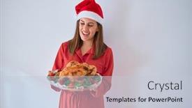  Presentation with thanksgiving - Beautiful presentation design featuring young beautiful woman smiling proud holding thanksgiving turkey chicken on a tray wearing santa claus hat backdrop and a lemonade colored foreground