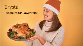  Presentation with thanksgiving - Amazing presentation theme having young beautiful woman smiling proud holding thanksgiving turkey chicken on a tray wearing santa claus hat backdrop and a yellow colored foreground
