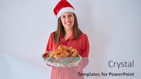  Presentation with thanksgiving - PPT theme having young beautiful woman smiling proud holding thanksgiving turkey chicken on a tray wearing santa claus hat background and a lemonade colored foreground