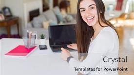  Presentation with laptop blank screen - Cool new presentation theme with young beautiful woman smiling using computer laptop with a blank screen on the background backdrop and a light gray colored foreground