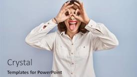  Presentation with tongue - PPT theme having young-beautiful-woman-standing-casual background and a light gray colored foreground