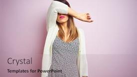  Presentation with woman sad - PPT layouts having young beautiful woman standing over pink isolated background covering eyes with arm looking serious and sad sightless hiding and rejection concept background and a mint green colored foreground