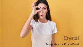  Presentation with eye - Presentation design having young-beautiful-woman-standing-over background and a yellow colored foreground
