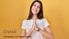  Presentation with forgiveness - PPT theme with young-beautiful-woman-standing-over background and a coral colored foreground