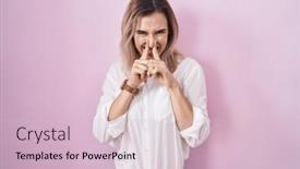  Presentation with bad breath - Presentation theme consisting of young-beautiful-woman-standing-over background and a lemonade colored foreground