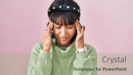  Presentation with headache - Theme having young-beautiful-woman-standing-over background and a mint green colored foreground