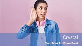  Presentation with ear - Presentation design having young-beautiful-woman-standing-over background and a teal colored foreground