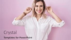  Presentation with ears - PPT theme with young-beautiful-woman-standing-over background and a lemonade colored foreground