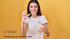  Presentation with yelling - Slide deck enhanced with young-beautiful-woman-standing-over background and a coral colored foreground