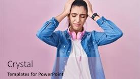  Presentation with migraine - PPT theme with young-beautiful-woman-standing-over background and a soft green colored foreground