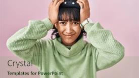  Presentation with migraine - PPT layouts with young-beautiful-woman-standing-over background and a mint green colored foreground