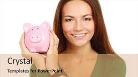  Presentation with woman piggy bank isolated - Amazing slide deck having young beautiful woman standing with piggy bank money box isolated on white background backdrop and a coral colored foreground