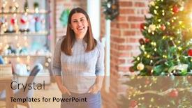  Presentation with christmas presents - Colorful slide set enhanced with young-beautiful-woman-standing backdrop and a coral colored foreground