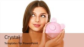  Presentation with woman piggy bank isolated - Cool new PPT layouts with young beautiful woman standing with piggy bank money box isolated on white background backdrop and a red colored foreground