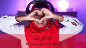  Presentation with gaming - PPT layouts consisting of young-beautiful-woman-streamer-smiling background and a red colored foreground