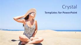  Presentation with sand dunes - Slide deck with young-beautiful-woman-sunbathing-sitting background and a light blue colored foreground