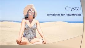  Presentation with sand dunes - Colorful PPT theme enhanced with young-beautiful-woman-sunbathing backdrop and a sky blue colored foreground