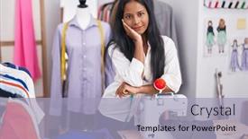  Presentation with machine shop - Presentation theme with young-beautiful-woman-tailor-smiling background and a light blue colored foreground