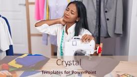  Presentation with machine shop - Slide deck enhanced with young-beautiful-woman-tailor-stressed background and a soft green colored foreground