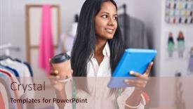  Presentation with coffee shop - Presentation theme having young-beautiful-woman-tailor-using background and a coral colored foreground