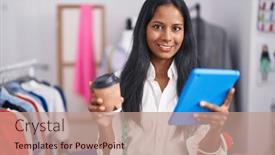  Presentation with coffee shop - PPT theme with young-beautiful-woman-tailor-using background and a coral colored foreground