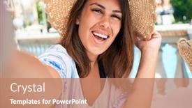  Presentation with hotel resort - Colorful presentation theme enhanced with young beautiful woman taking selfie with smartphone smiling happy enjoying sunny day of summer at hotel resort on holidays backdrop and a coral colored foreground