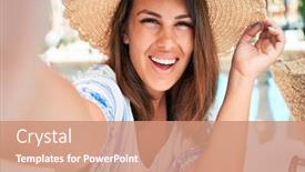  Presentation with hotel resort - Audience pleasing presentation design consisting of young beautiful woman taking selfie with smartphone smiling happy enjoying sunny day of summer at hotel resort on holidays backdrop and a coral colored foreground