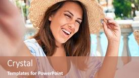  Presentation with hotel resort - Presentation theme featuring young beautiful woman taking selfie with smartphone smiling happy enjoying sunny day of summer at hotel resort on holidays background and a coral colored foreground