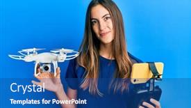  Presentation with camera drone - Presentation theme consisting of young-beautiful-woman-taking background and a ocean colored foreground