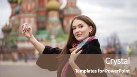  Presentation with tourist - Colorful presentation theme enhanced with young-beautiful-woman-tourist-taking backdrop and a violet colored foreground