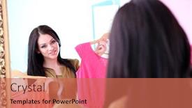  Presentation with mirror - Presentation theme featuring young-beautiful-woman-trying-dresses background and a coral colored foreground