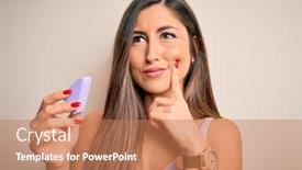  Presentation with beauty makeup - Amazing PPT theme having young-beautiful-woman-using-beauty backdrop and a coral colored foreground