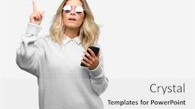  Presentation with wow - PPT theme featuring young beautiful woman using smartphone happy and surprised cheering expressing wow gesture pointing up background and a light gray colored foreground