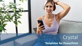  Presentation with smartphone - Slide deck having young-beautiful-woman-using-smartphone background and a  colored foreground