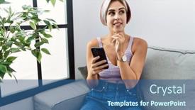  Presentation with smartphone - PPT layouts consisting of young-beautiful-woman-using-smartphone background and a ocean colored foreground