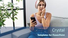  Presentation with smartphone - Presentation enhanced with young-beautiful-woman-using-smartphone background and a ocean colored foreground