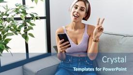  Presentation with smartphone - PPT layouts featuring young-beautiful-woman-using-smartphone background and a ocean colored foreground