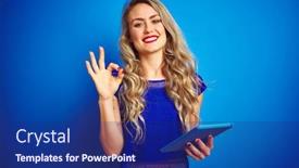  Presentation with fingers - Presentation theme with young-beautiful-woman-using-tablet background and a navy blue colored foreground