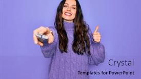  Presentation with television - Colorful PPT theme enhanced with young-beautiful-woman-using-television backdrop and a light blue colored foreground