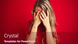  Presentation with basic - Amazing presentation theme having young beautiful woman wearing basic t-shirt standing over red isolated background with sad expression covering face with hands while crying depression concept backdrop and a wine colored foreground
