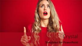  Presentation with basic - Presentation featuring young beautiful woman wearing basic t-shirt standing over red isolated background amazed and surprised looking up and pointing with fingers and raised arms background and a crimson colored foreground