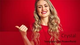  Presentation with basic - Colorful PPT theme enhanced with young beautiful woman wearing basic t-shirt standing over red isolated background smiling with happy face looking and pointing to the side with thumb up backdrop and a crimson colored foreground