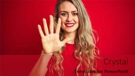  Presentation with basic - Presentation theme featuring young beautiful woman wearing basic t-shirt standing over red isolated background showing and pointing up with fingers number five while smiling confident and happy background and a crimson colored foreground