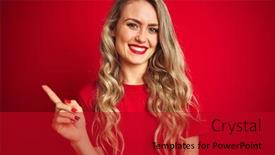  Presentation with basic - Colorful presentation theme enhanced with young beautiful woman wearing basic t-shirt standing over red isolated background cheerful with a smile of face pointing with hand and finger up to the side with happy and natural expression on face backdrop and a crimson colored foreground