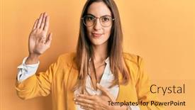  Presentation with hand palm - Presentation theme with young-beautiful-woman-wearing-business background and a yellow colored foreground