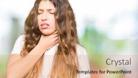  Presentation with sore throat - PPT theme enhanced with young beautiful woman wearing casual white t-shirt touching painful neck sore throat for flu clod and infection background and a coral colored foreground