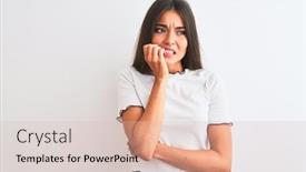 Presentation with anxiety - Presentation consisting of young beautiful woman wearing casual t-shirt standing over isolated white background looking stressed and nervous with hands on mouth biting nails anxiety problem background and a lemonade colored foreground